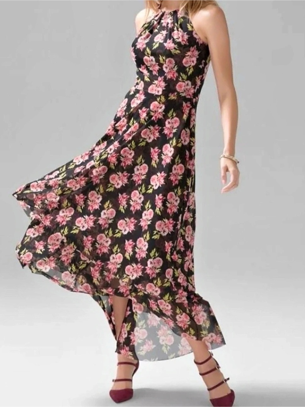 White House Black Market Floral Halter High-Low Dress Black & Pink Size 10